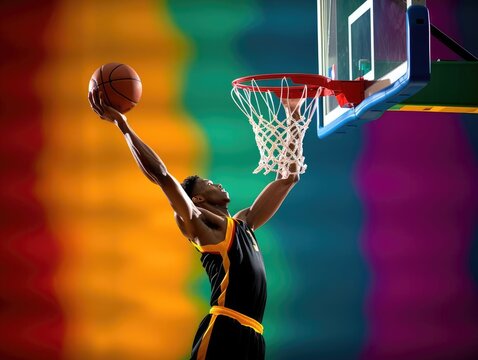 A silhouette of a basketball player performing a slam dunk against a colorful abstract background