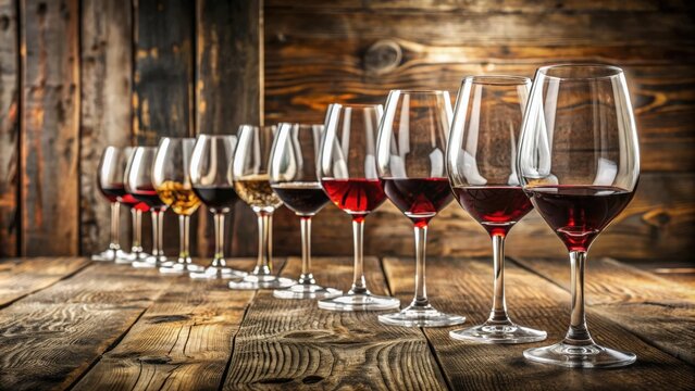 Red wine tasting event with assorted wine glasses on a rustic table, Red wine, tasting, event, glasses, table, rustic