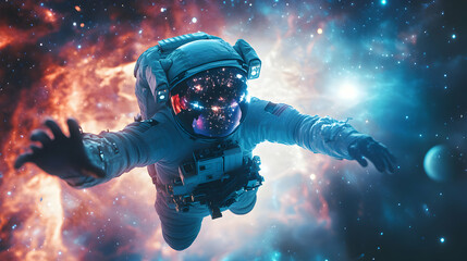 An astronaut wearing a VR suit floats in a vast, virtual space, exploring the infinite expanse of the cosmos.