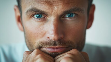 Medium shot of a determined leader, their chin resting on their hands as they make a critical decision, against a crisp, white backdrop