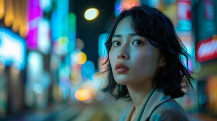 Japanese young woman looking at camera at night