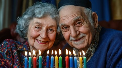 Festive Hanukkah Celebration: Joyful Elderly Couple Trimming Menorah with Colorful Candles on Regal Navy Background