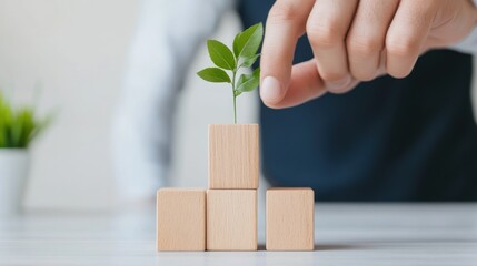 A hand is placing a small plant on top of three wooden blocks.