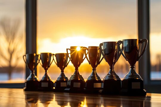 A row of youth sports trophies silhouetted against a sunset