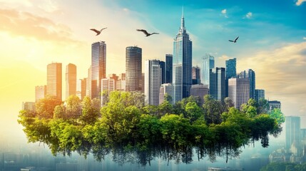 Obraz premium Floating Cityscape Urban Green Eco Concept Sustainability Nature Skyscrapers Trees Environment Aerial View