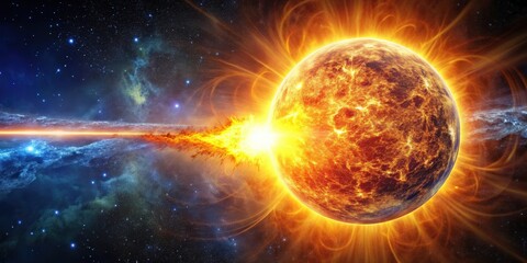 Obraz premium of a powerful solar flash and mass ejection in space, solar flare, explosion, burning sun, magnetic storm, solar winds
