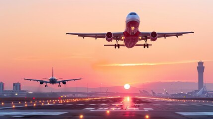 A plane arriving at an international airport, bustling with activity, while another plane departs,...