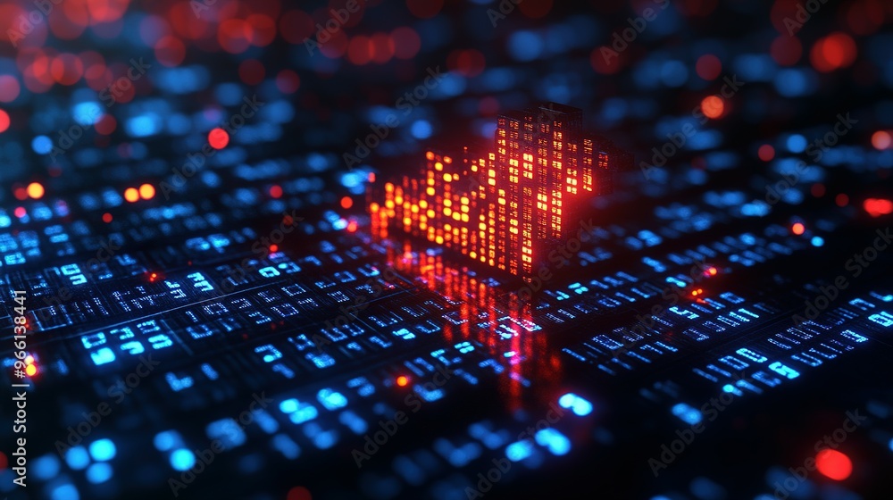 Poster glowing building structure on a digital grid