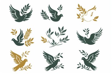 Fototapeta premium Peace dove graffiti, pigeons, twigs ink illustration. Flying birds silhouettes monochrome flat icons