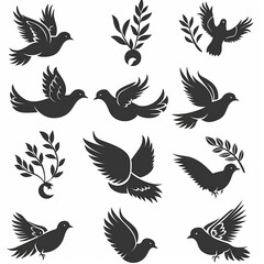 Peace dove graffiti, pigeons, twigs ink illustration. Flying birds silhouettes monochrome flat icons