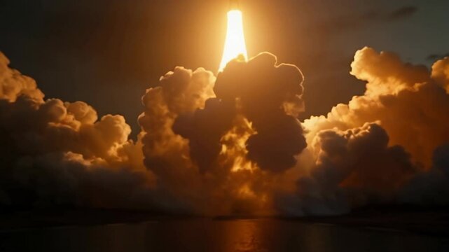 Sci-fi scene of the launch of a space rocket of the future, slow motion.