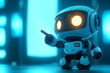 Positive cute robot pointing at a space. Copy space