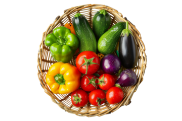 Fresh organic of different vegetables that full in basket isolated on background, healthy ingredients plant from flat lay view.
