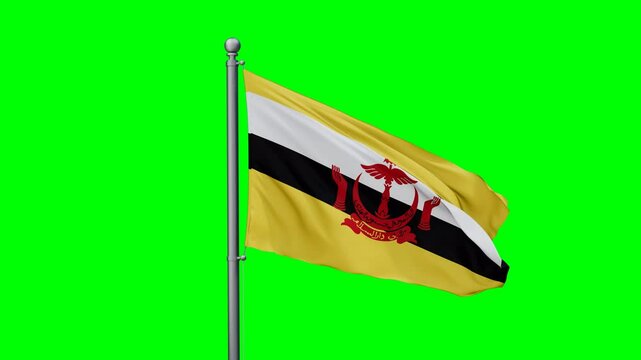 Brunei flag waving in the wind with colored chroma key with green background