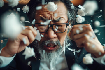 Obraz premium Frustrated office worker crumpling paper in modern workspace during afternoon hours