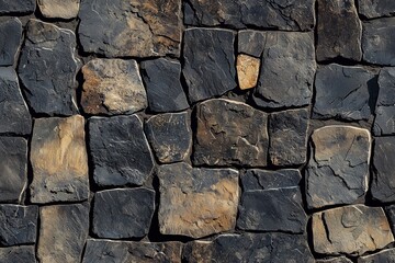 Obraz premium A textured wall made of various sizes of dark stones, featuring a mix of black and brown hues. The stones are irregularly shaped and tightly fitted, creating a rustic appearance.