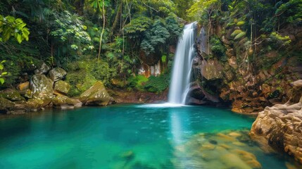 Tranquil Waterfall in Lush Tropical Jungle