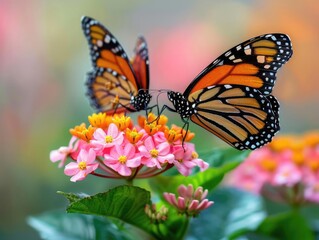 Fototapeta premium A monarch butterfly arriving on a blooming flower, sipping nectar, while another departs, fluttering towards the horizon