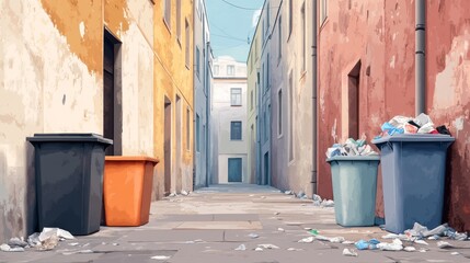 Obraz premium A colorful alleyway filled with trash bins and scattered debris, illustrating urban waste and the need for cleanliness.