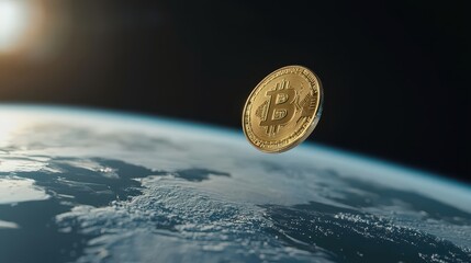 A gold coin with the letter B on it is floating in the air above the ocean