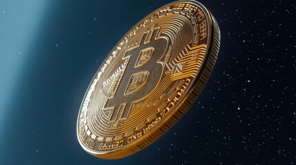 A golden coin with the letter B on it is floating in space