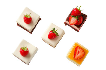 Dessert various Cake topping with strawberry from flat lay view isolated on background, assorted of bakery.