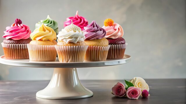 Assorted cupcakes displayed on a elegant cakestand, cupcakes, assortment, beautiful, delicious, dessert, frosting