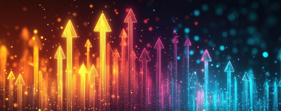 Efficiency boost represented by ascending graphs and glowing arrows, efficiency boost, business performance improvement
