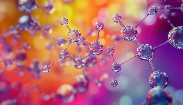 Polymer science visualized with colorful molecular bonds and chemical reactions, polymer science, advanced material research