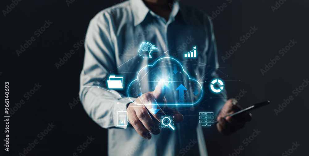 Poster cloud computing diagram show on hand.data storage.the use of online digital network technology in bu