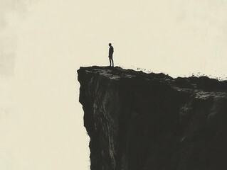 Silhouette design of a lone figure standing on a cliff edge, silhouette design, bold and dramatic minimalism