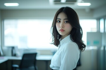 Fototapeta premium A photograph of a beautiful Japanese woman wearing a white shirt and black skirt, standing in an office room, taken with a Sony Alpha III camera.