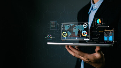 Business online digital market. businessman use graphs report and progress of business and analyze financial,and investment. Use technology to plan strategy to success goals and growth stock.