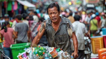 A man pushing a cart filled with recyclables through a crowded street