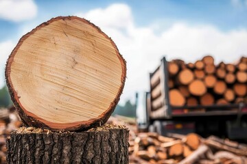 A tree stump with cut logs being loaded onto trucks for a paper mill, Papermaking raw materials, resource extraction
