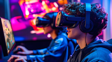 Young man wearing VR headset enjoys an immersive gaming experience alongside friend. vibrant colors and technology create an exciting atmosphere