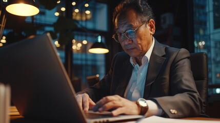 Busy Asian Businessman Working on Laptop