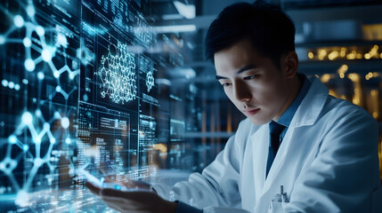 A scientist is focused on digital interface, analyzing data and visualizations in high tech laboratory. atmosphere is filled with advanced technology and innovation