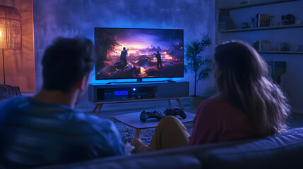 Cozy couple relaxing on sofa, enjoying movie night while watching vibrant scene on large TV. warm ambiance creates perfect atmosphere for relaxation and connection