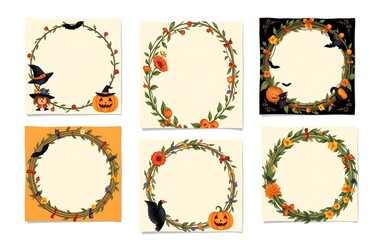 Six Halloween wreaths with orange pumpkins, black cats, and bats on a cream background, perfect for spooky autumn and Halloween designs. 
