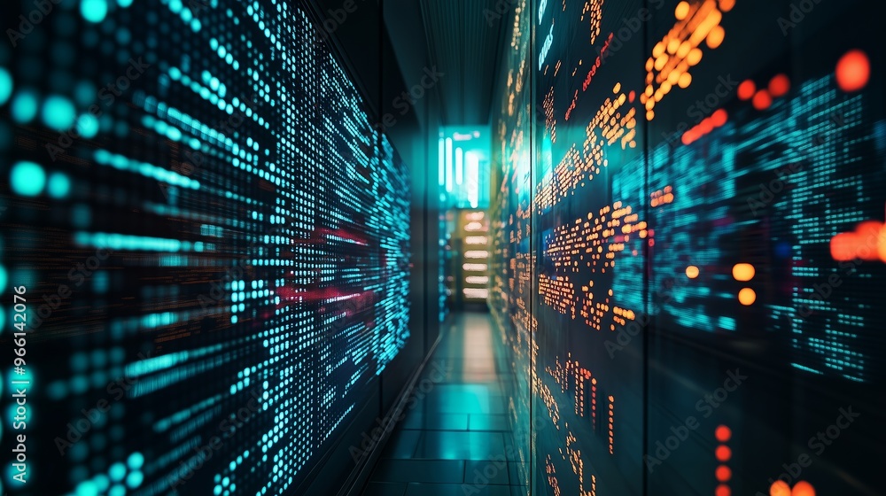 Poster a futuristic corridor illuminated by vibrant data visualizations in a high-tech environment during e