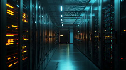 A modern server room in a dark facility, packed with racks of computers. These servers handle big data, cloud computing, and even cryptocurrency. The scene is rendered in 3D with a moving camera.