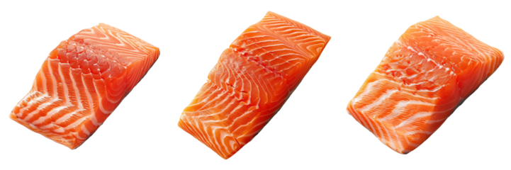 set of fresh salmon fillet with a vibrant pink color and firm texture on a transparent background