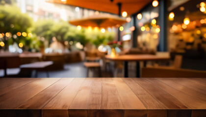 Empty wooden table in cafe setting ideal for product display featuring blurred bokeh background creating abstract for bar restaurant or coffee shop interior space for celebration business or lifestyle