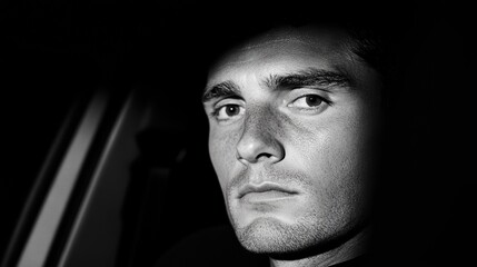 A close-up portrait of a serious man in a dark setting, capturing intense emotions and a striking gaze.