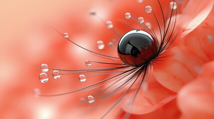 Vibrant Macro Photography of Dew Drops on a Dandelion Seed with Coral Background
