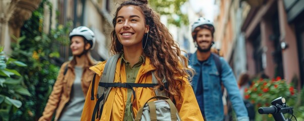 Obraz premium A group of young adults wearing sustainable, recycled clothing, smiling and enjoying an urban setting, advocating for green fashion.