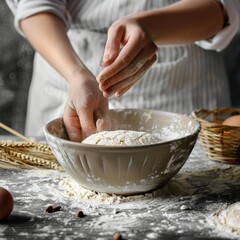 Fototapeta premium Hands preparing dough closeup, dough in a bowl on rustic kitchen table, hands making pizza, bread