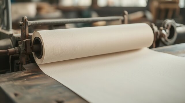 Close-up of an old printing press rolling paper through ink-stained mechanisms, Historical papermaking, vintage technology