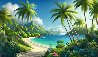 Fototapeta premium A secluded tropical beach with crystal clear blue water, golden sand and palm trees.
